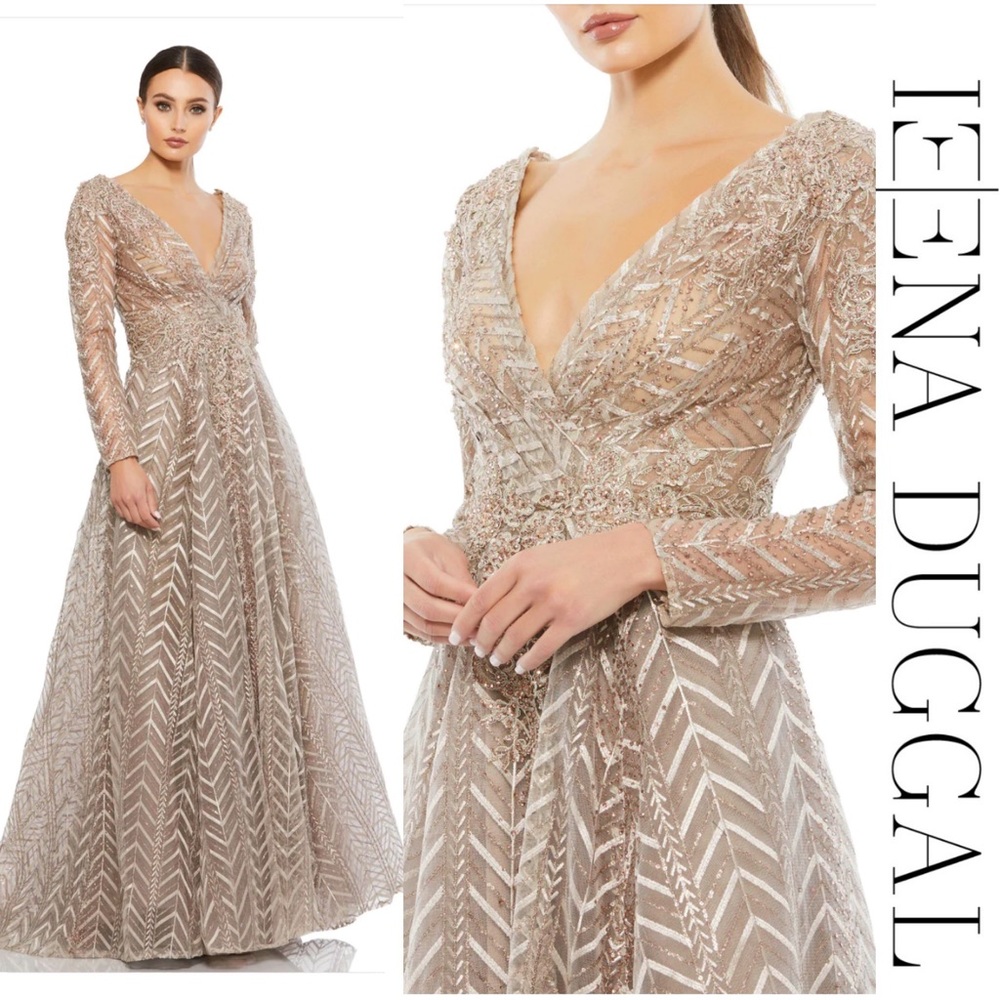 Ieena Mac Duggal - Embellished Illusion Long Sleeve Taupe A-line Gown
